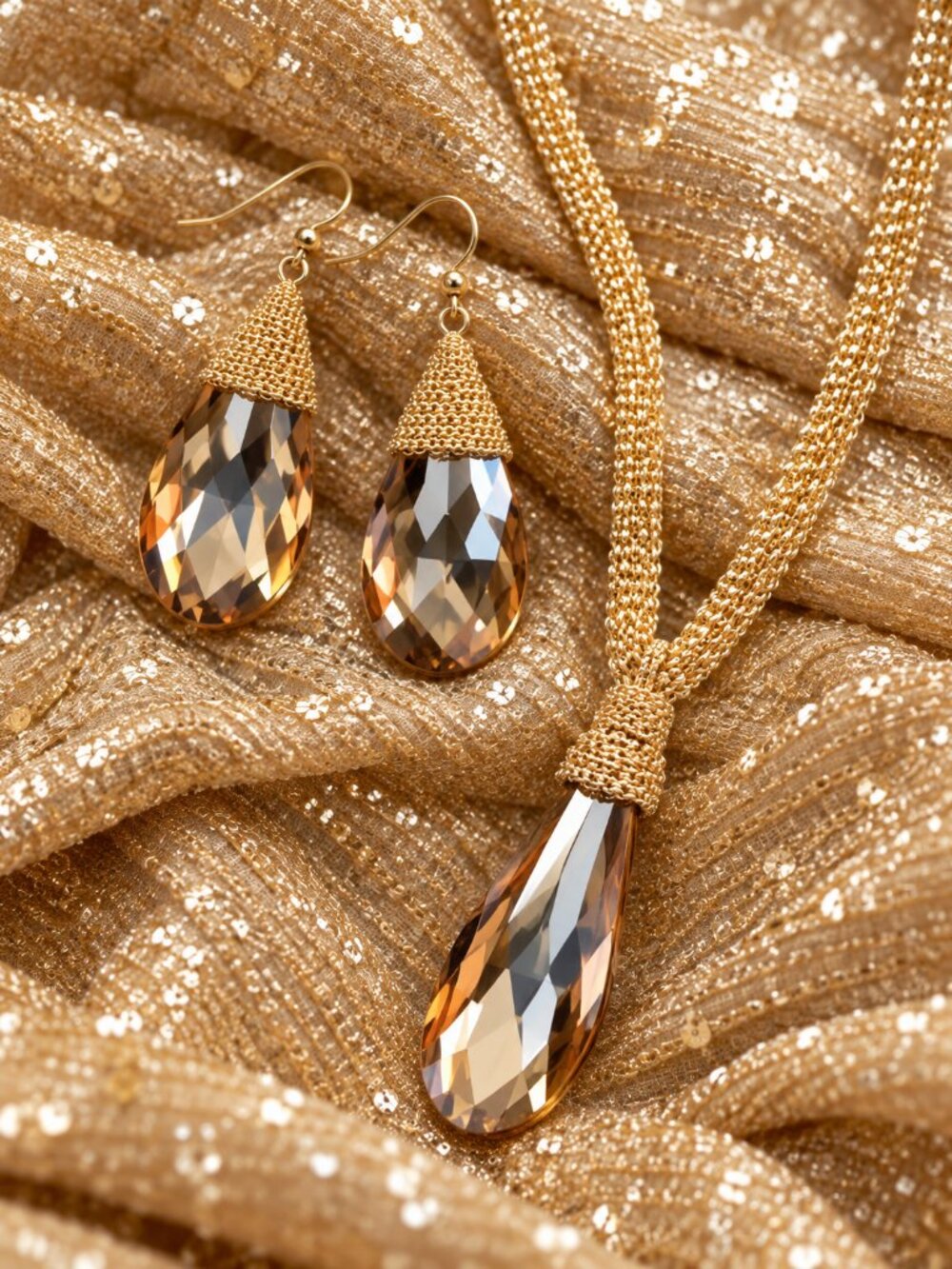 Elegant Amber Stone Gold Teardrop Necklace & Earring Set ✨NWOT✨